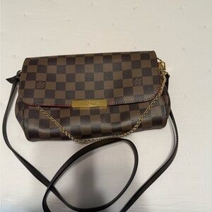 Elegant Brown Checkered Crossbody Bag with Gold Accents